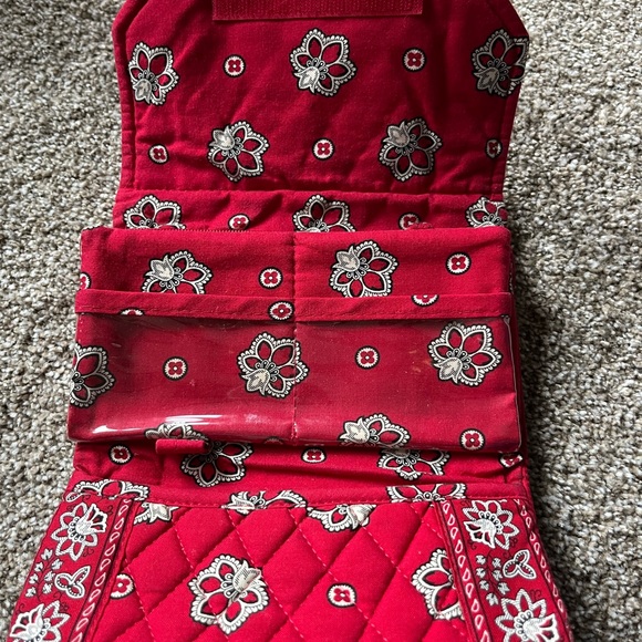 Vera Bradley clutch with Velcro closure. Multiple pockets, dark red and cream. - Picture 2 of 3